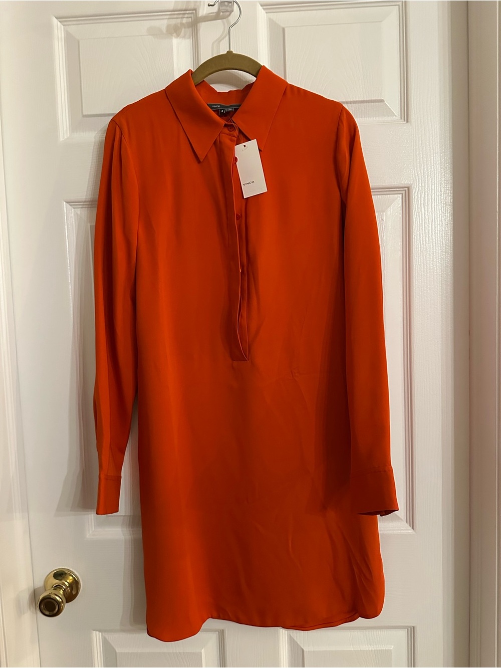 Women's 100% Silk Orange Long-Sleeve Collared Shift Dress